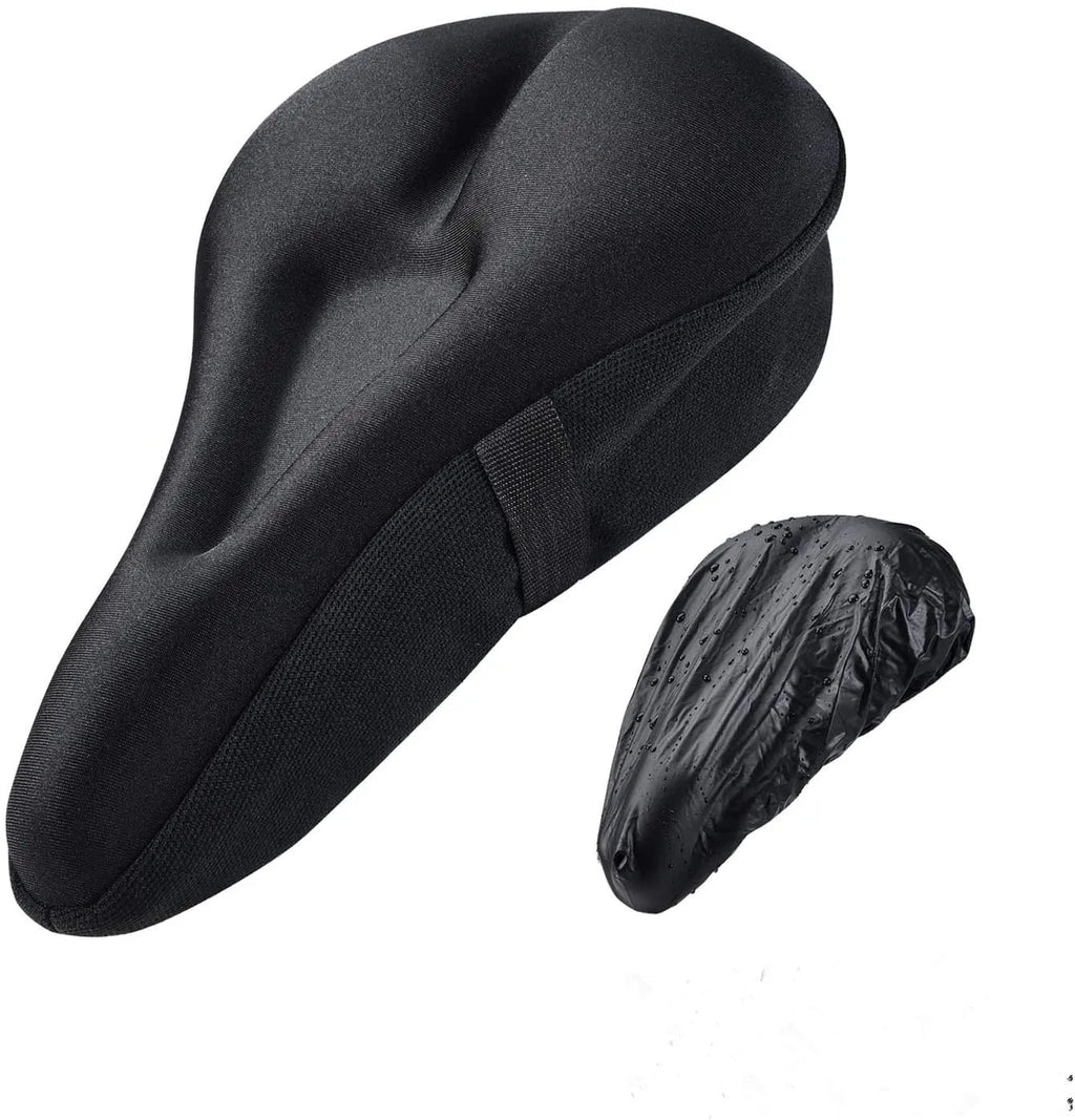 Gel bicycle seat cushion in black with straps and rain cover, 28x17x3 cm size for mountain bikes