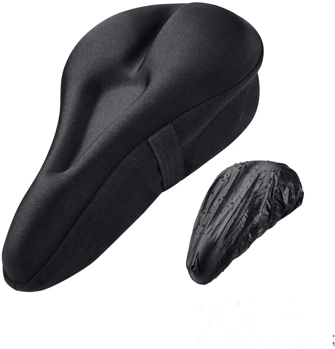 Gel bicycle seat cushion in black with straps and rain cover, 28x17x3 cm size for mountain bikes