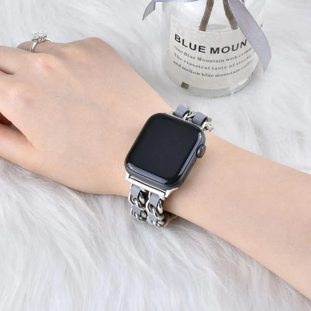 Leather and stainless steel Cuban link strap for Apple Watch in gold black finish