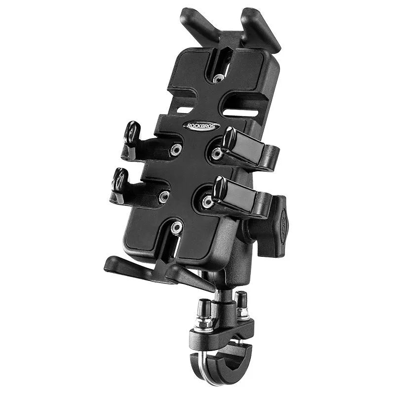 Black nylon phone navigation bracket mounted on a U-shaped motorcycle handlebar