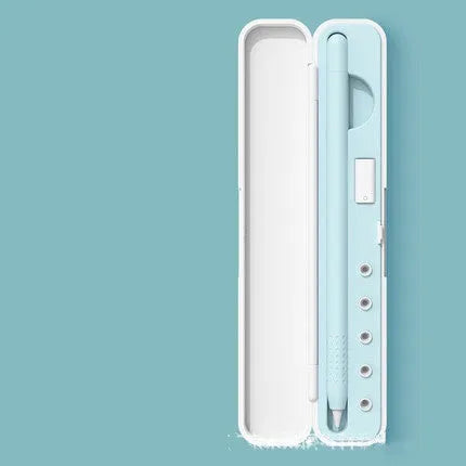 Hard protective travel case for Apple Pencil 1st and 2nd generation in purple, green, black, and blue.