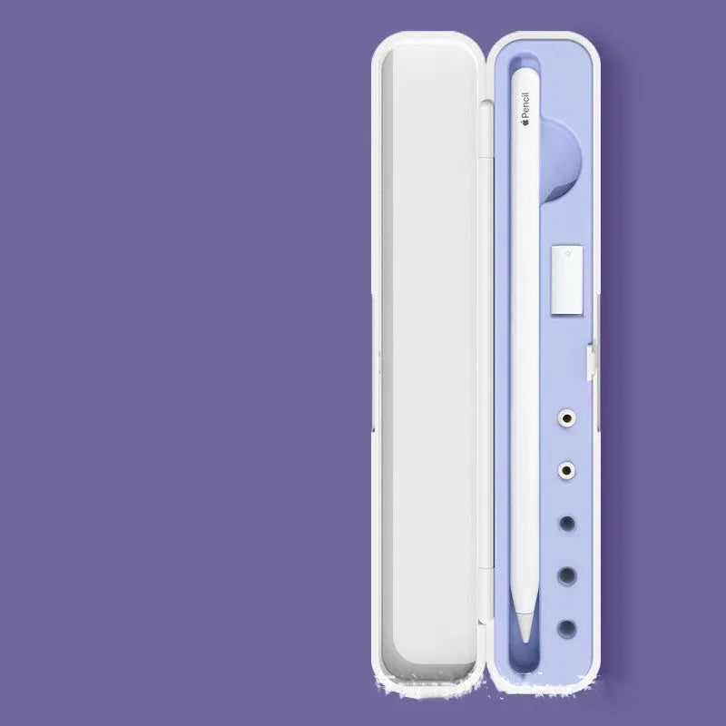 Hard protective travel case for Apple Pencil 1st and 2nd generation in purple, green, black, and blue.