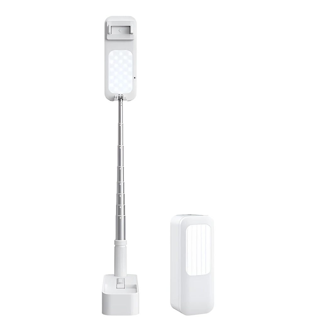 Wireless live broadcast bracket fill light retractable stand for smartphone in white, shown on a desk with a phone mounted.