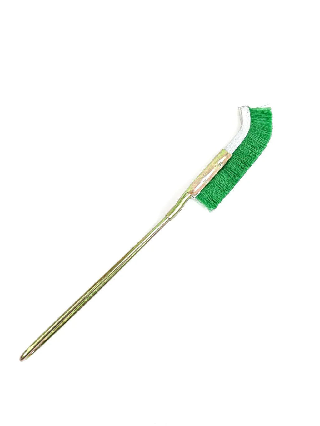 Green elbow-shaped nylon wire rust removal brush with metal handle for cleaning tight spaces
