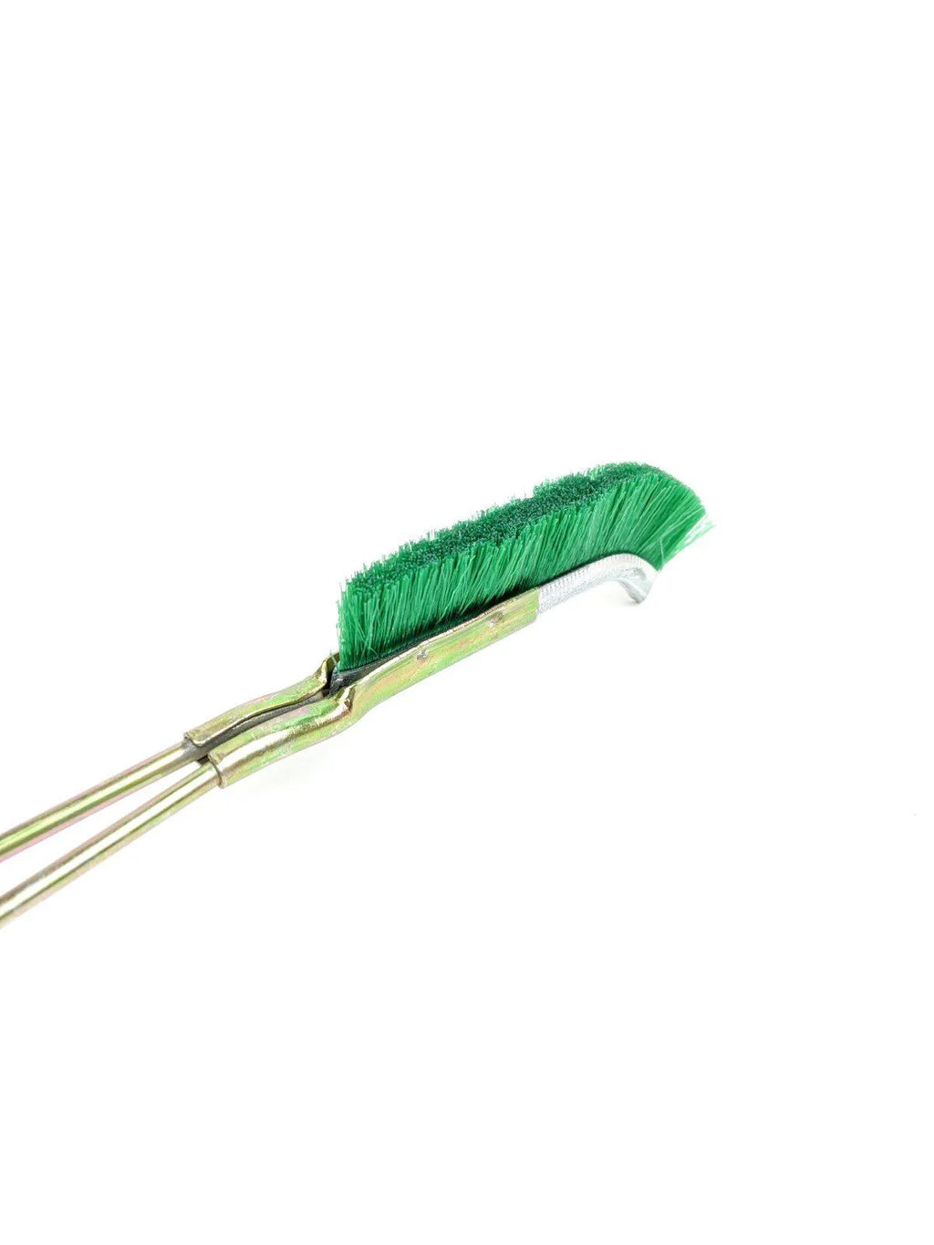 Green elbow-shaped nylon wire rust removal brush with metal handle for cleaning tight spaces