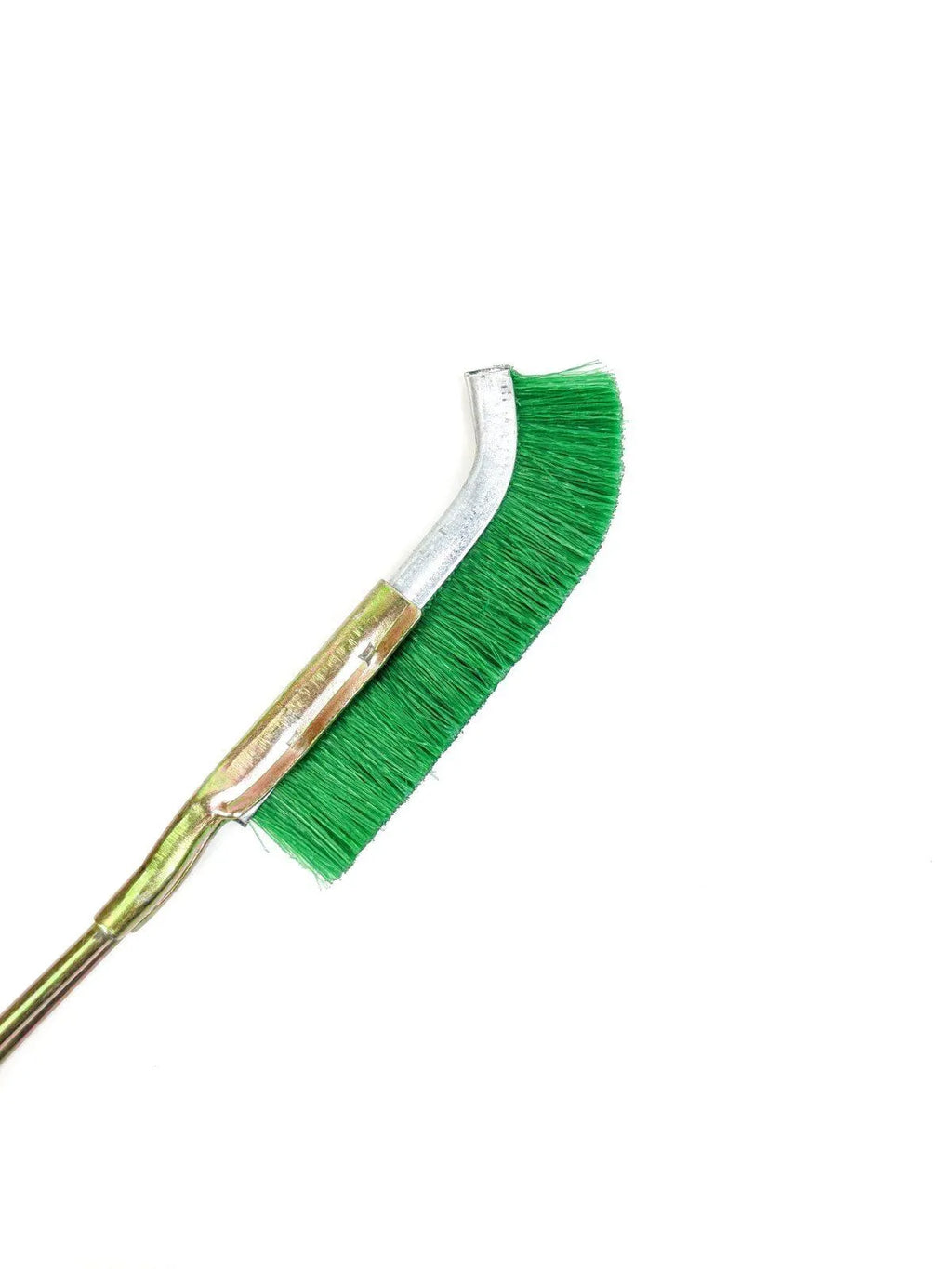 Green elbow-shaped nylon wire rust removal brush with metal handle for cleaning tight spaces