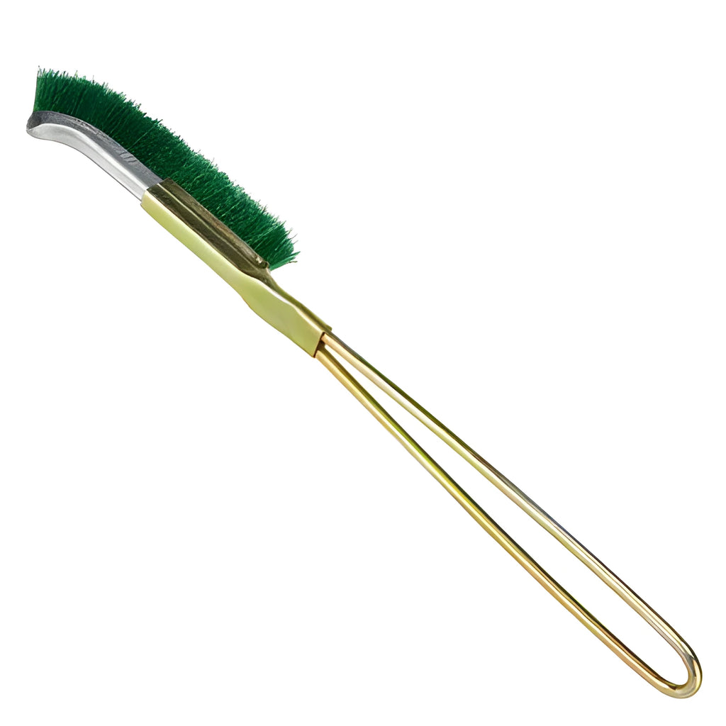 Green elbow-shaped nylon wire rust removal brush with metal handle for cleaning tight spaces