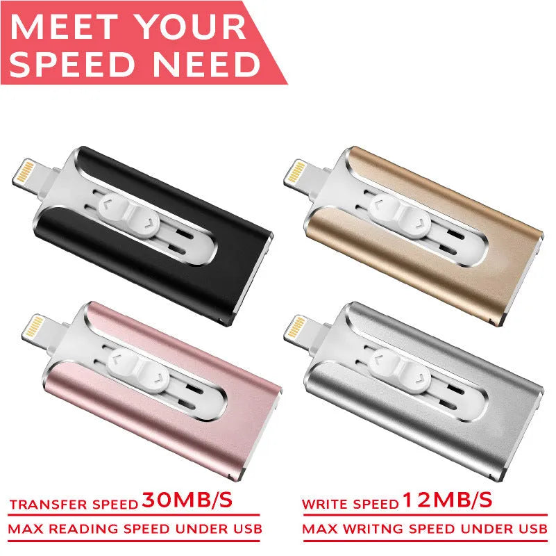 Metal USB flash drive with both a Lightning connector and a standard USB-A connector.