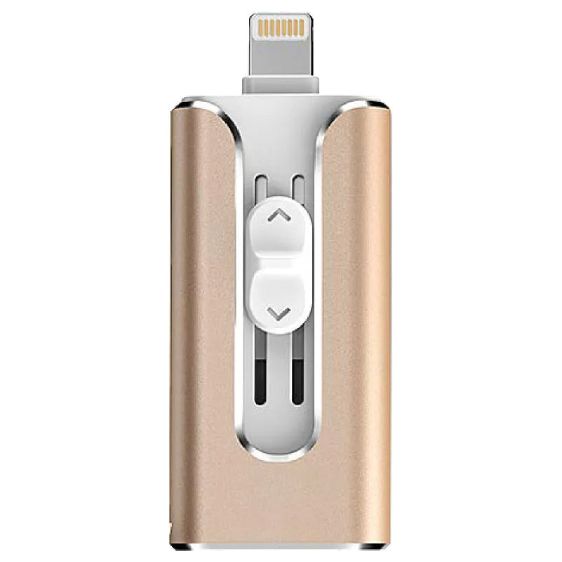 Metal USB flash drive with both a Lightning connector and a standard USB-A connector.
