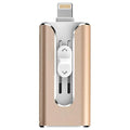 Metal USB flash drive with both a Lightning connector and a standard USB-A connector.