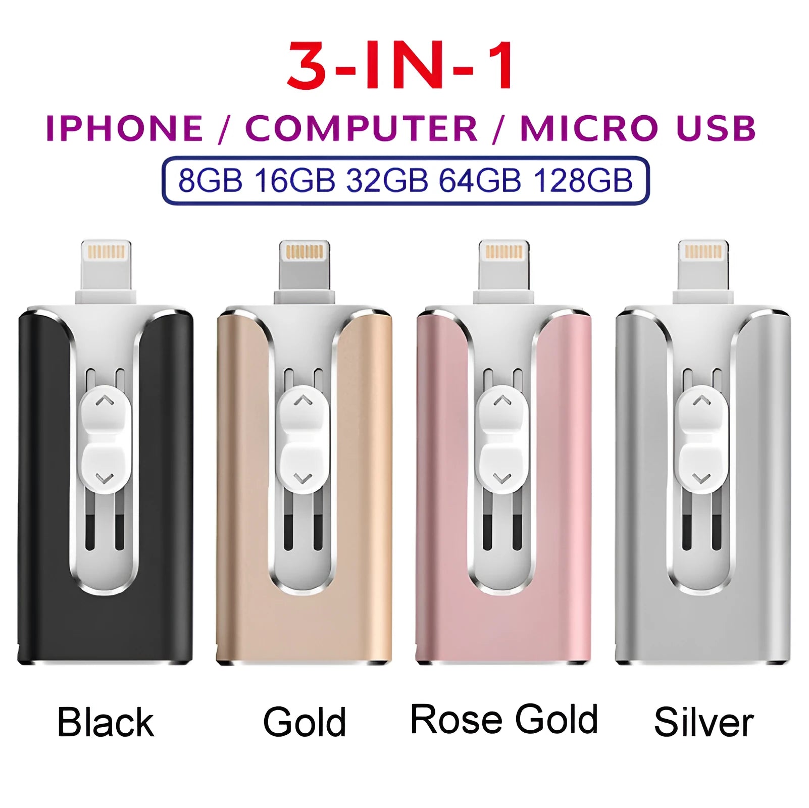 Metal USB flash drive with both a Lightning connector and a standard USB-A connector.