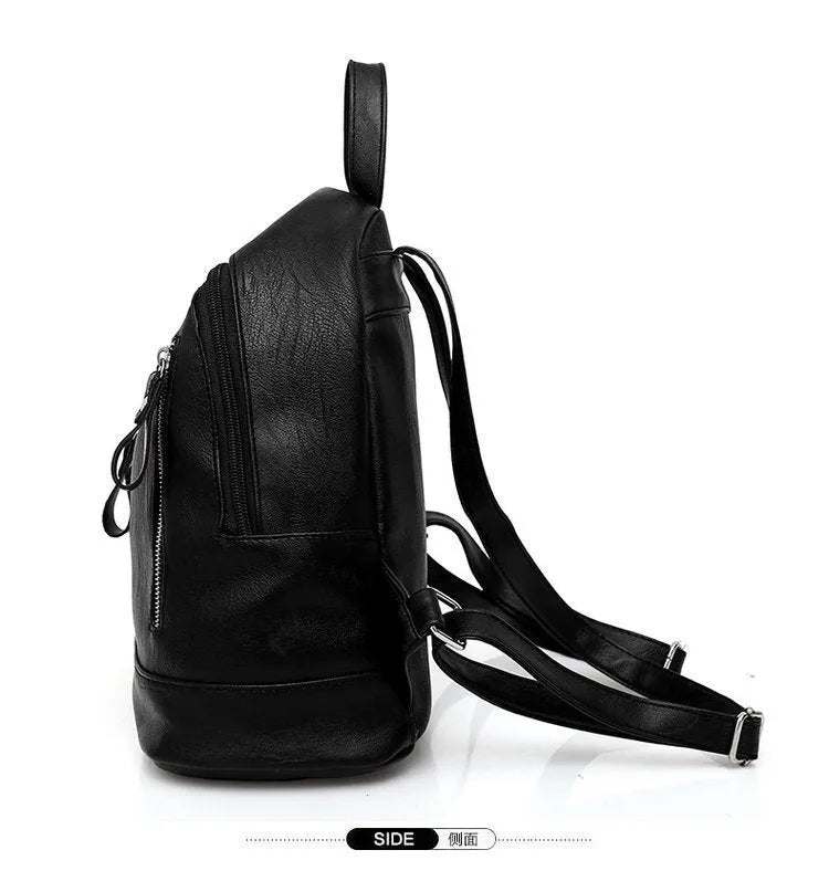 Black PU leather waterproof backpack for women, vertical square shape with soft handle, 28cm x 13cm x 27cm