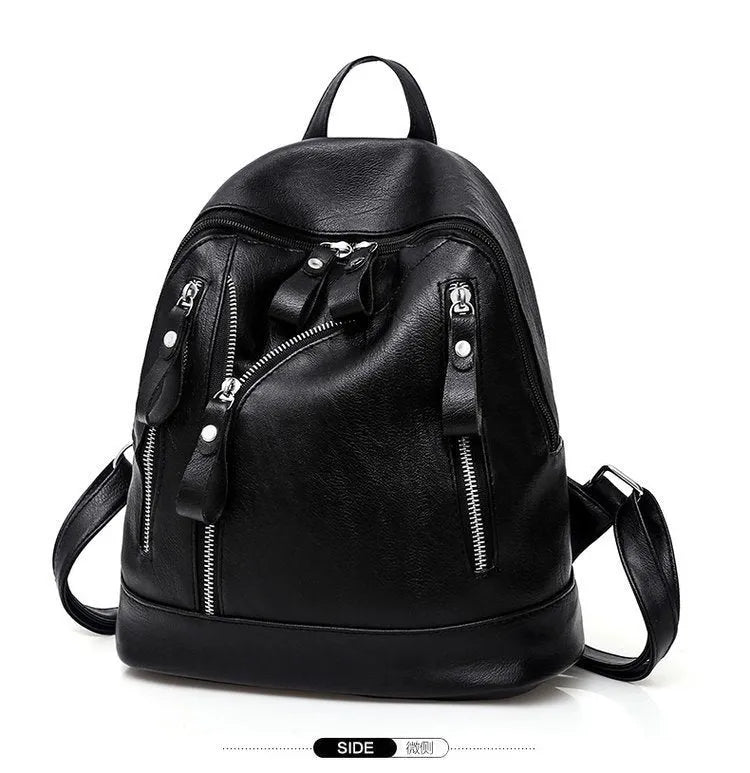 Black PU leather waterproof backpack for women, vertical square shape with soft handle, 28cm x 13cm x 27cm