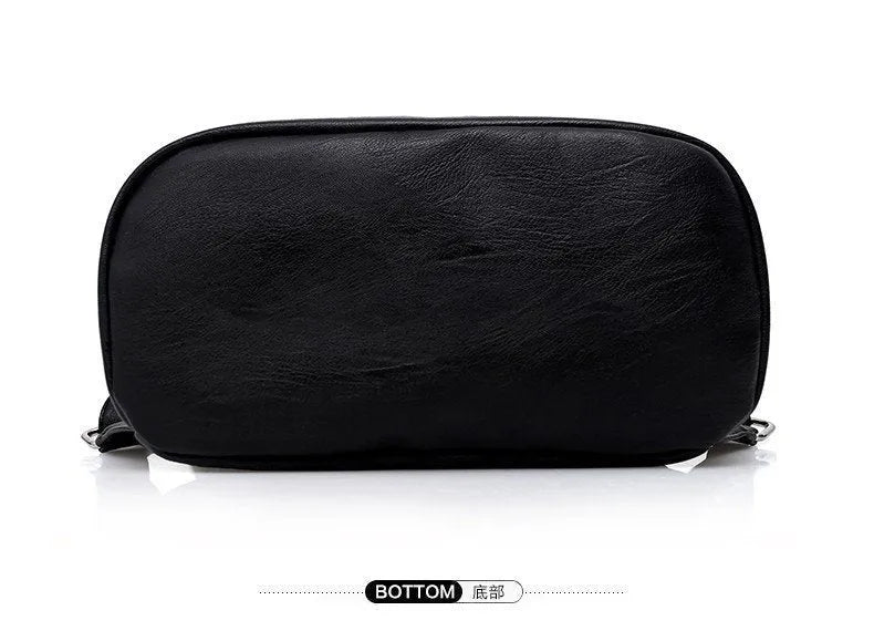 Black PU leather waterproof backpack for women, vertical square shape with soft handle, 28cm x 13cm x 27cm