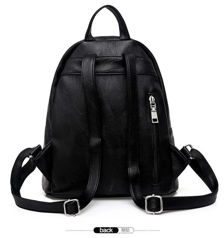 Black PU leather waterproof backpack for women, vertical square shape with soft handle, 28cm x 13cm x 27cm