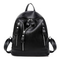 Black PU leather waterproof backpack for women, vertical square shape with soft handle, 28cm x 13cm x 27cm