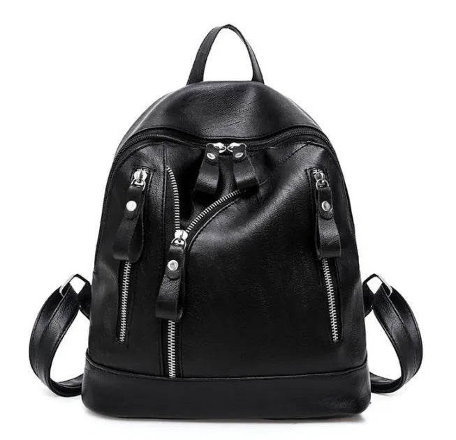 Black PU leather waterproof backpack for women, vertical square shape with soft handle, 28cm x 13cm x 27cm