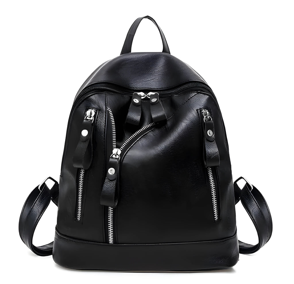 Black PU leather waterproof backpack for women, vertical square shape with soft handle, 28cm x 13cm x 27cm