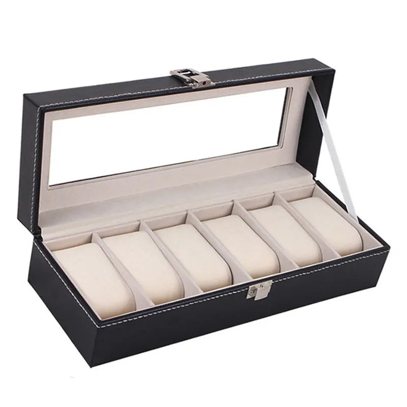 Black wooden watch display box with six viewing windows measuring 30cm long by 11cm wide by 8cm high