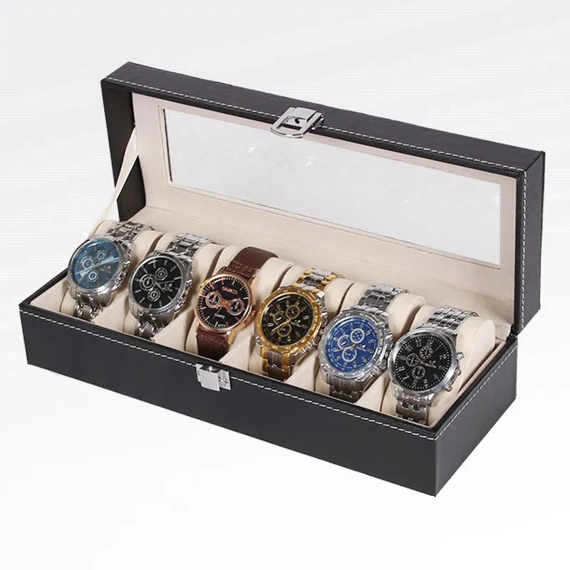 Black wooden watch display box with six viewing windows measuring 30cm long by 11cm wide by 8cm high