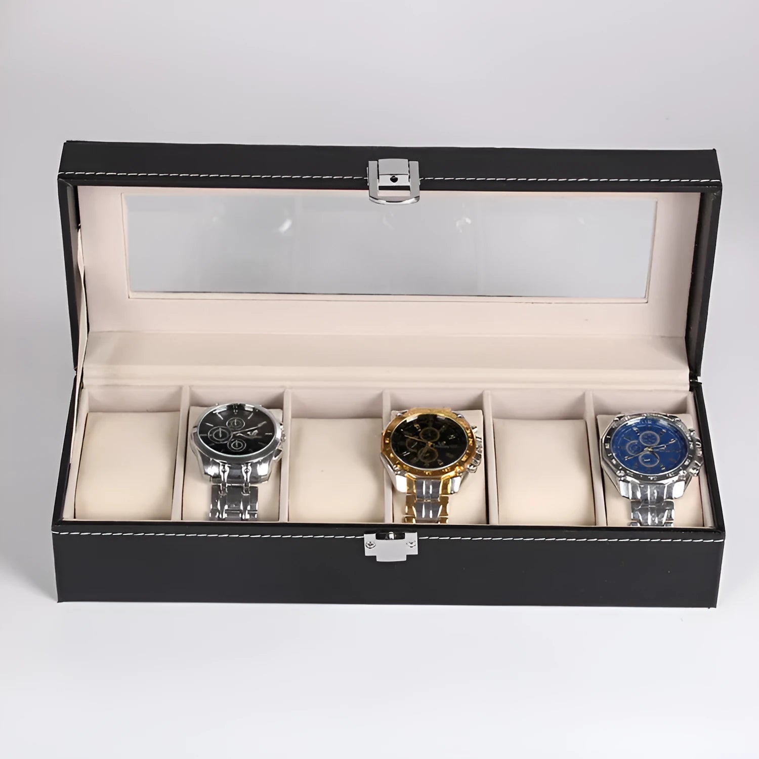 Black wooden watch display box with six viewing windows measuring 30cm long by 11cm wide by 8cm high