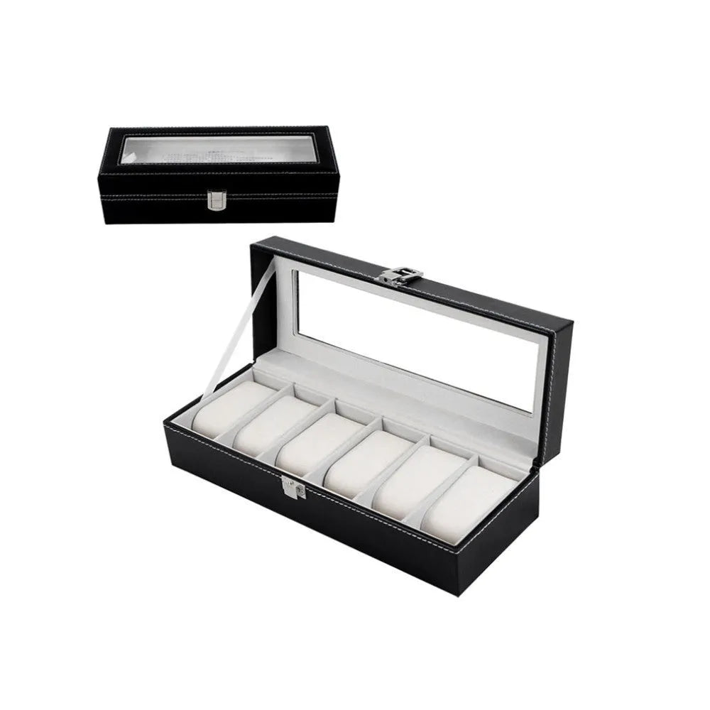 Black wooden watch display box with six viewing windows measuring 30cm long by 11cm wide by 8cm high