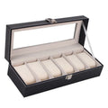 Black wooden watch display box with six viewing windows measuring 30cm long by 11cm wide by 8cm high