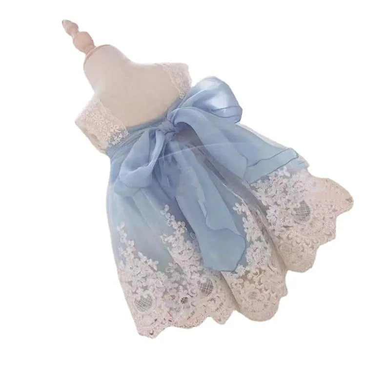 Ocean blue lace baby girl princess dress for birthdays, shown with size options