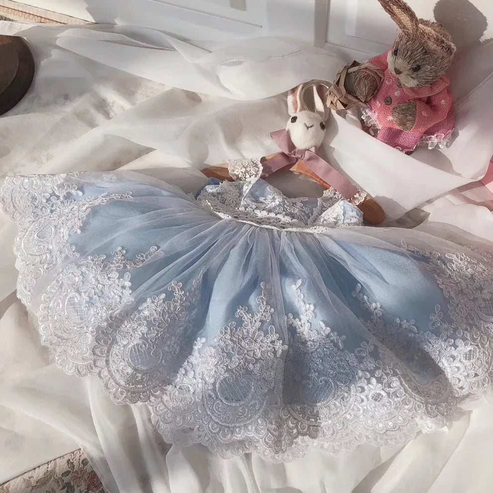 Ocean blue lace baby girl princess dress for birthdays, shown with size options
