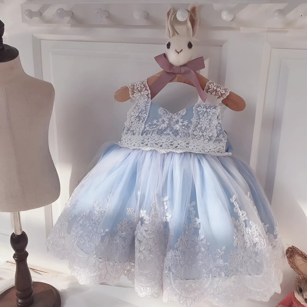 Ocean blue lace baby girl princess dress for birthdays, shown with size options