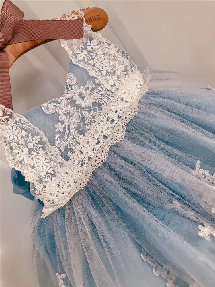 Ocean blue lace baby girl princess dress for birthdays, shown with size options