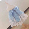 Ocean blue lace baby girl princess dress for birthdays, shown with size options