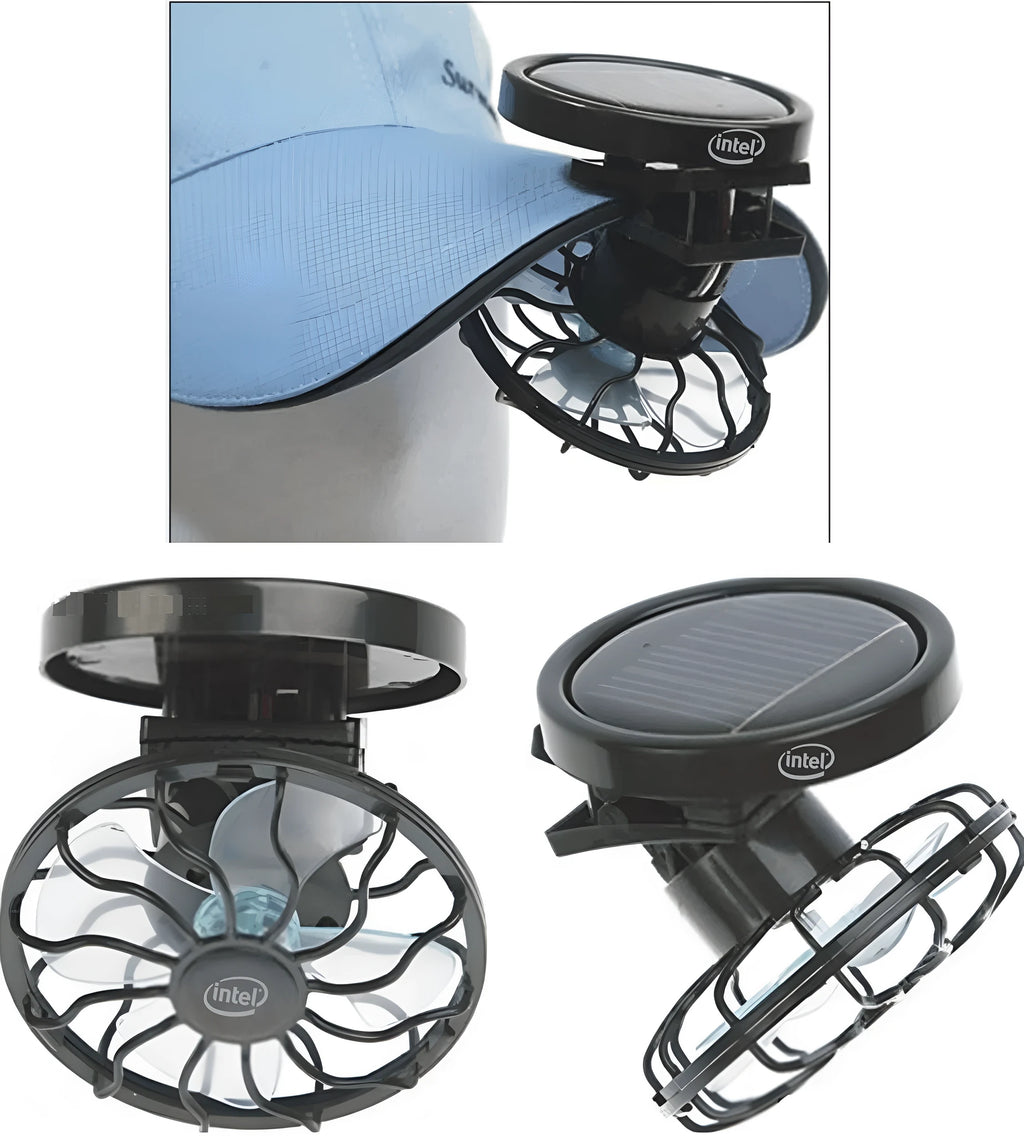 Small black solar-powered clip-on cooling fan with solar panel, suitable for outdoor travel and camping.
