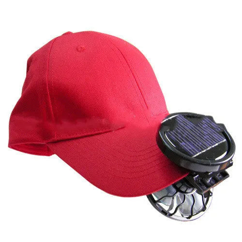 Small black solar-powered clip-on cooling fan with solar panel, suitable for outdoor travel and camping.