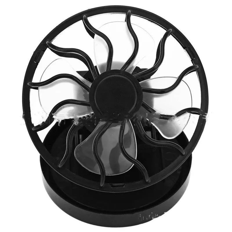 Small black solar-powered clip-on cooling fan with solar panel, suitable for outdoor travel and camping.
