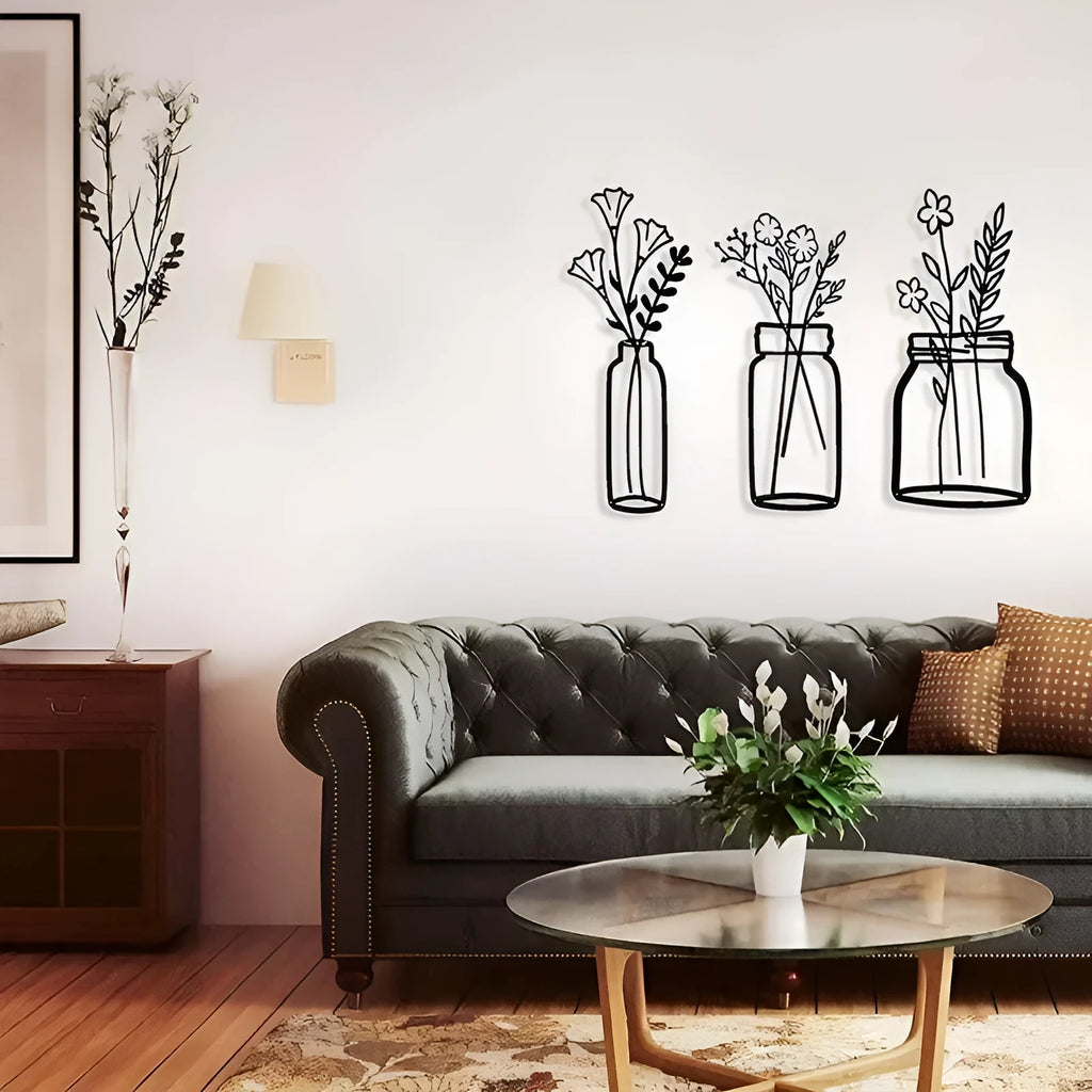 Black iron flower silhouette wall decoration with 40cm height on a white wall