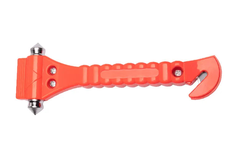 Red car emergency hammer with integrated seatbelt cutter and window breaker tip