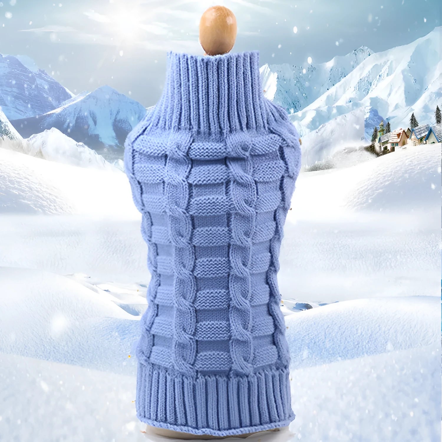 Blue twisted rope knit dog sweater on a small dog, showing textured design and fit.