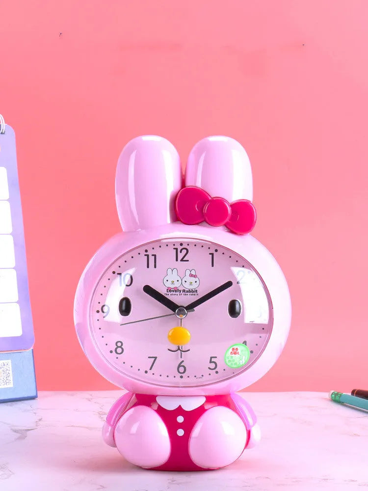 Cute cartoon stereo dual music alarm clock with mute sweep second hand and night light, in rabbit design pink colour