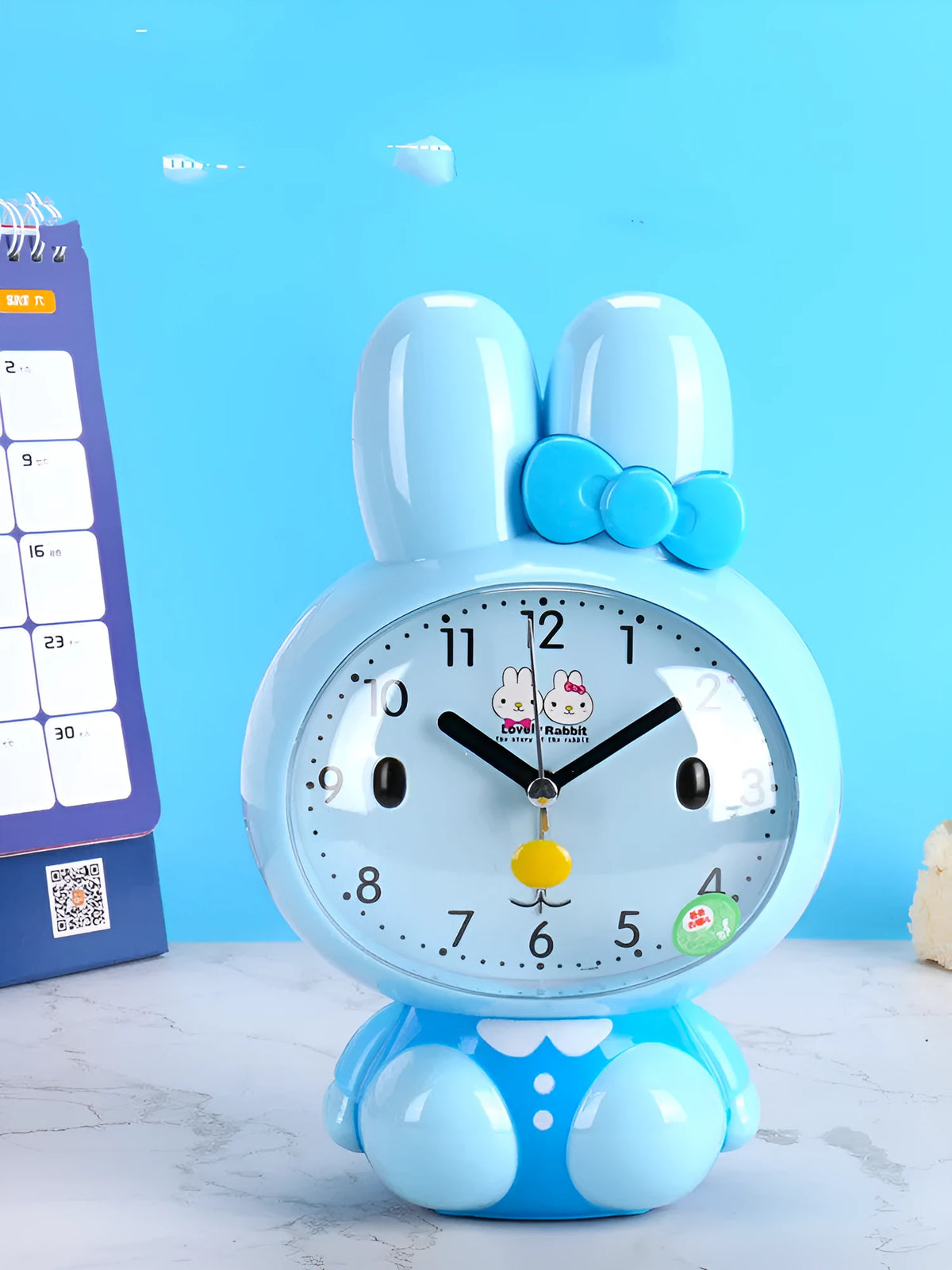 Cute cartoon stereo dual music alarm clock with mute sweep second hand and night light, in rabbit design pink colour