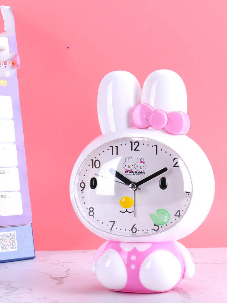 Cute cartoon stereo dual music alarm clock with mute sweep second hand and night light, in rabbit design pink colour