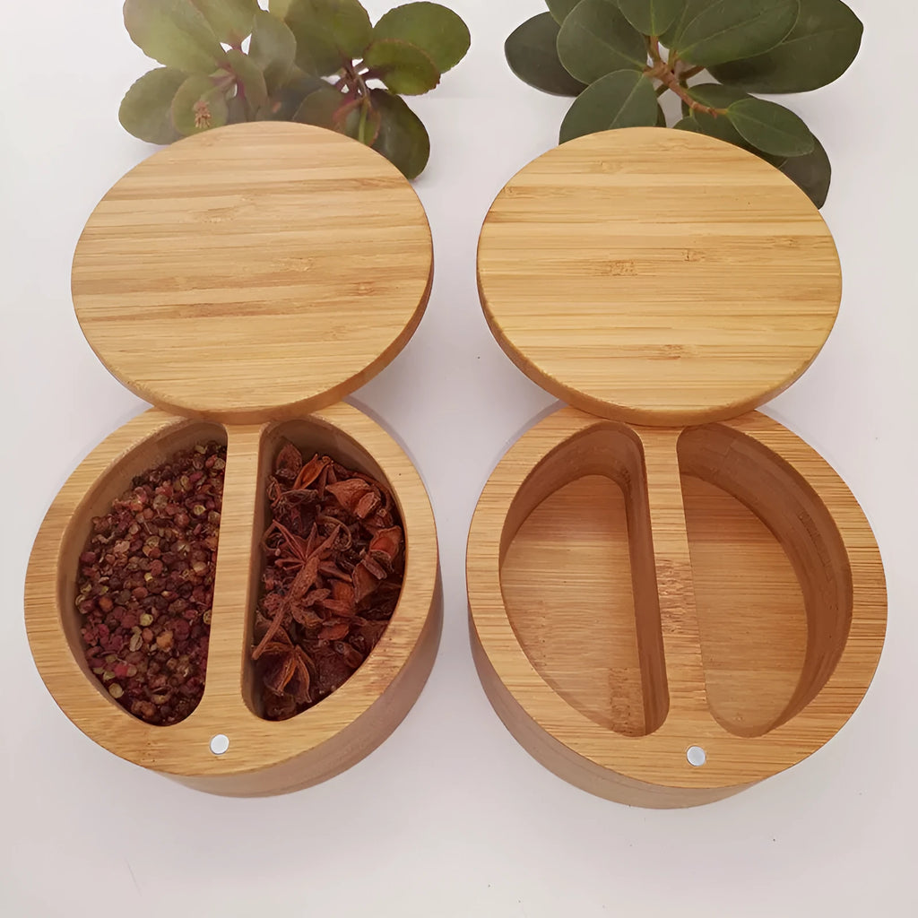 Bamboo seasoning box and spoon for solid spices, 9x7cm size with custom logo option.