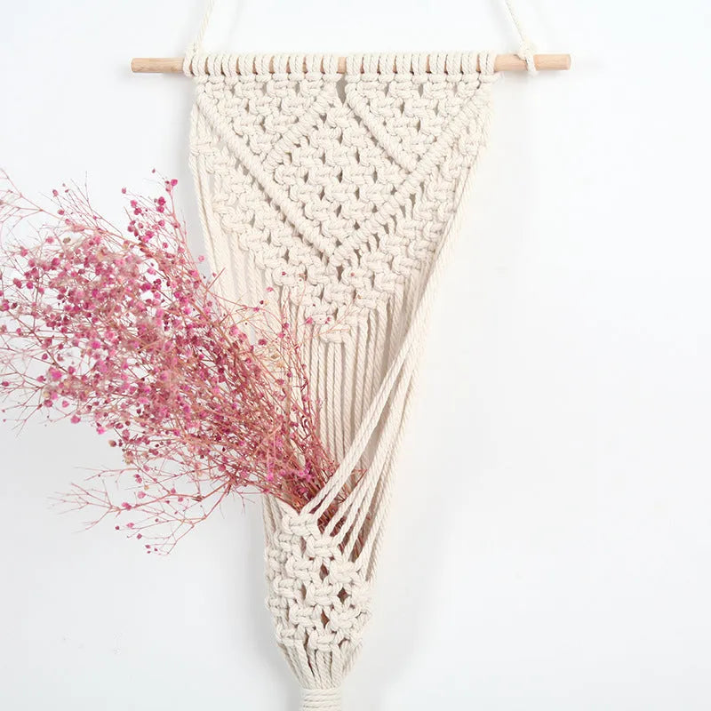 White hand-woven cotton wall basket with grid pattern, 30cm by 70cm rectangular floral decoration