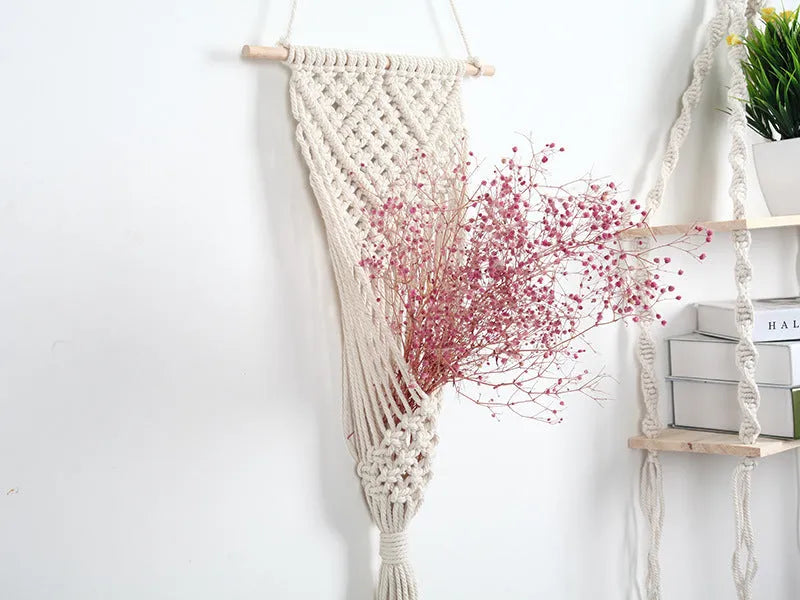 White hand-woven cotton wall basket with grid pattern, 30cm by 70cm rectangular floral decoration