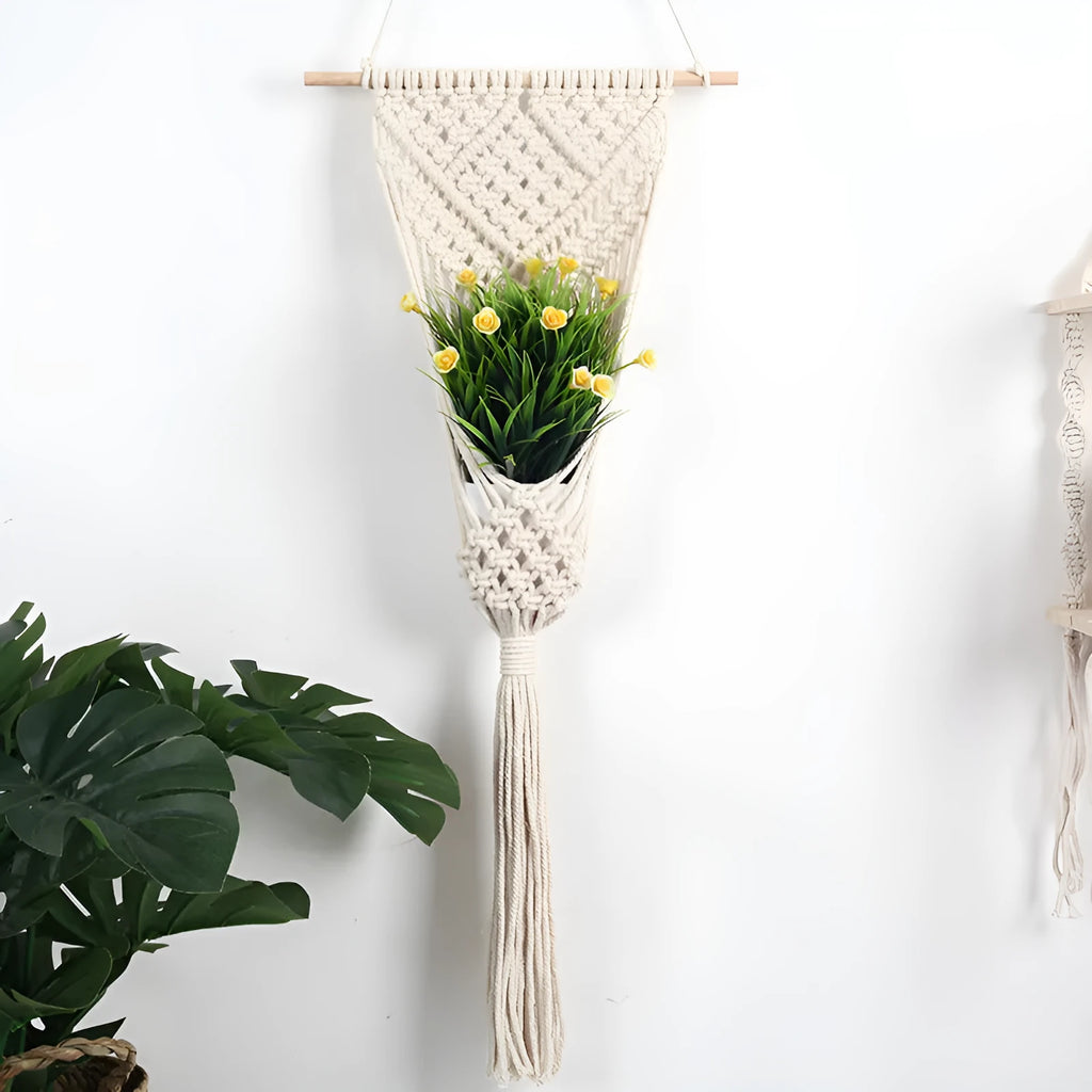 White hand-woven cotton wall basket with grid pattern, 30cm by 70cm rectangular floral decoration