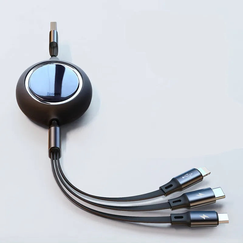 Retractable 3-in-1 car charging cable with Micro USB, Type-C and Lightning connectors, 1.2m length