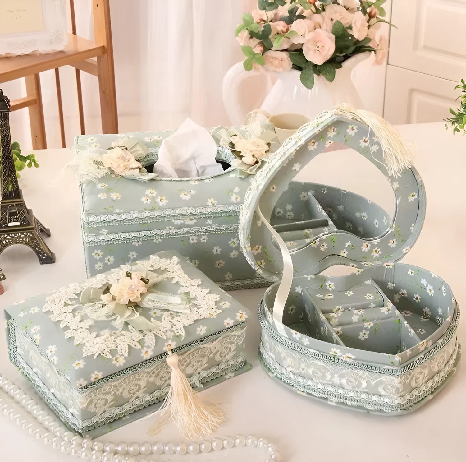 Ceramic jewellery and tissue box in bright apricot, green, or pink glossy finish