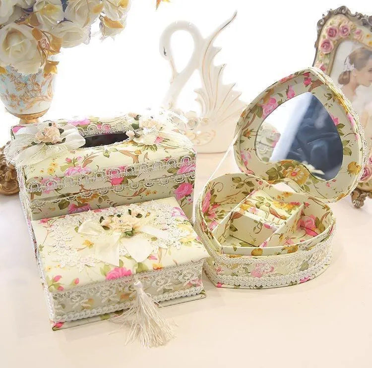 Ceramic jewellery and tissue box in bright apricot, green, or pink glossy finish