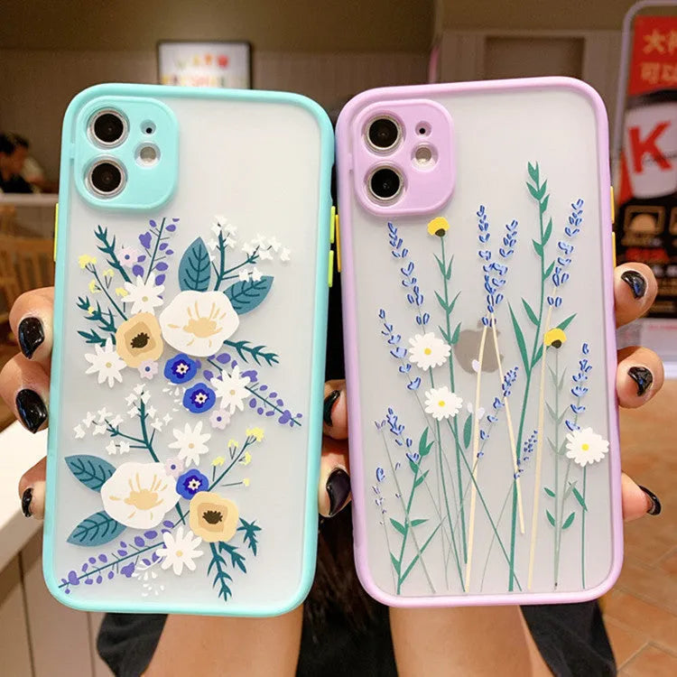 Slim floral cartoon design TPU phone case with matte frame for iPhone, shown in pink lavender colour.