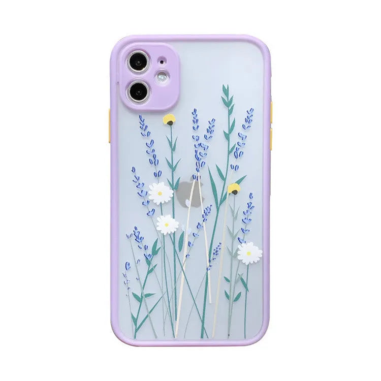 Slim floral cartoon design TPU phone case with matte frame for iPhone, shown in pink lavender colour.